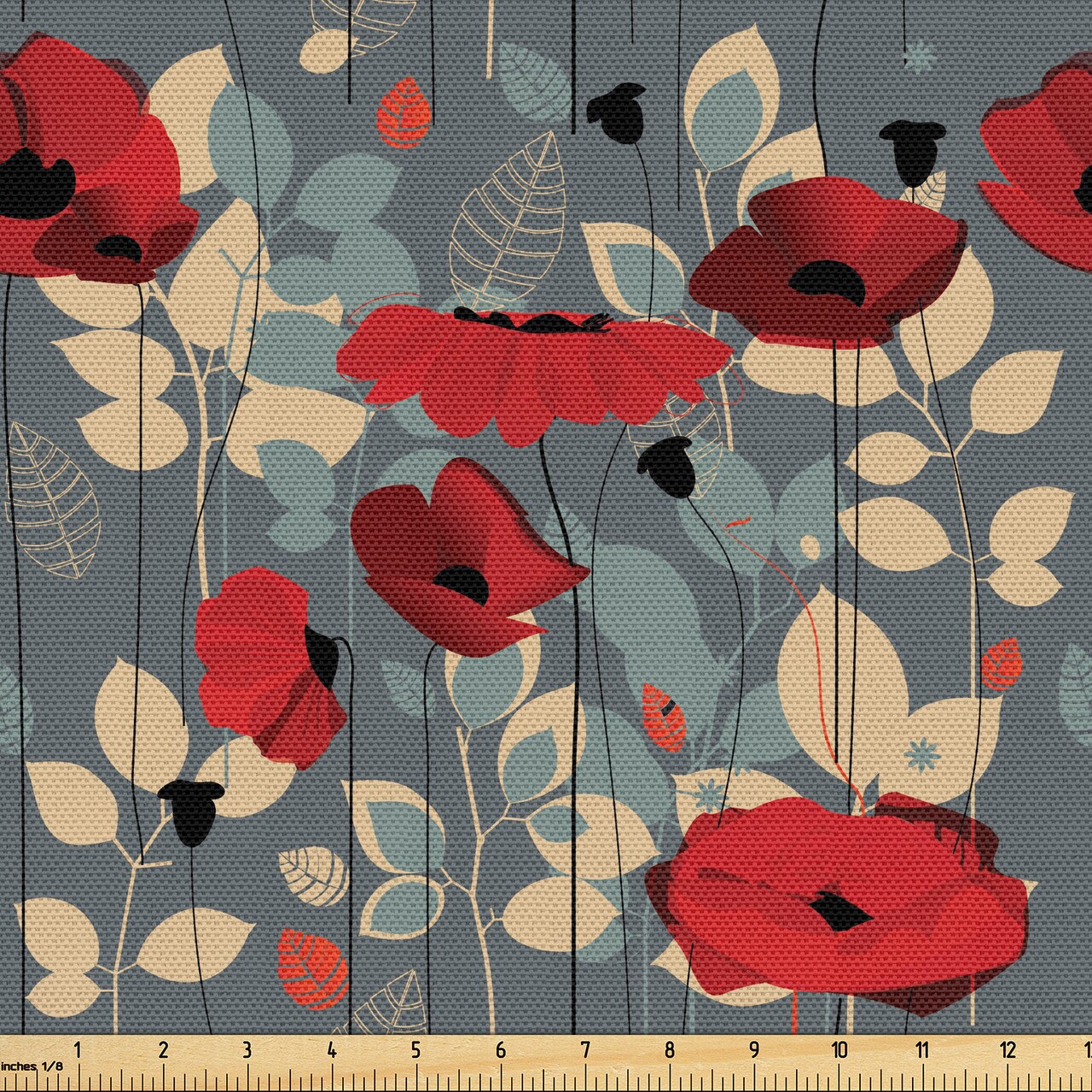 Ambesonne Poppy Flower Fabric by the Yard, Abstraction of a Growing Floral Garden Leaves Botanical Modern Nature, Decorative Fabric for Upholstery and Home Accents, 2 Yards, Grey Red Beige